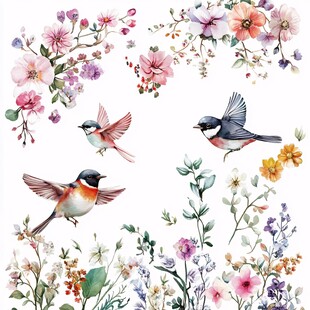 花鸟水彩插画素材