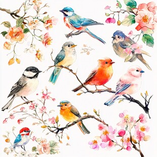 花鸟水彩插画