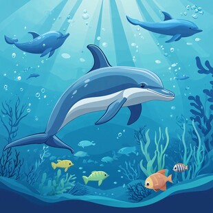 海底海豚与多彩小鱼共舞