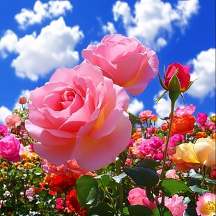 娇艳玫瑰盛放于蓝天之下