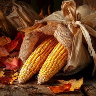 秋收玉米 麻布与秋叶之美