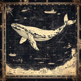 复古海洋地图中的巨鲸景象
