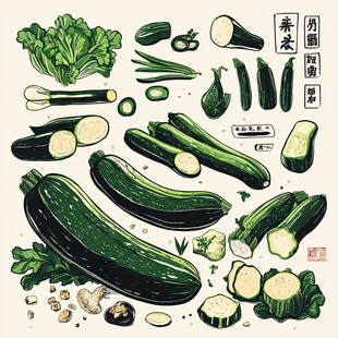 西葫芦等蔬菜手绘插画图