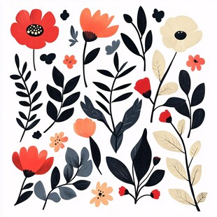 手绘多彩花卉植物元素集