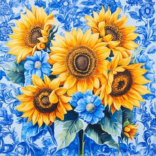 蓝底向日葵花卉绚丽图