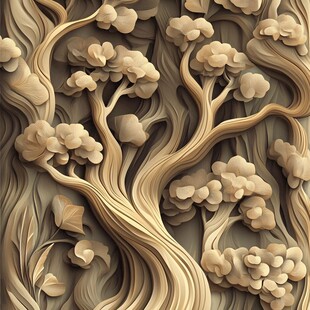 立体木雕风格的奇幻树木图案