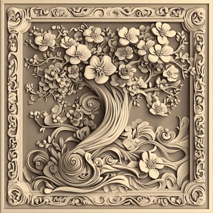 中式雕花图案之繁花古树