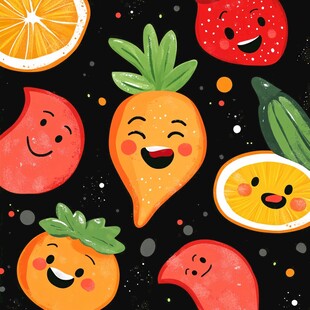 可爱卡通水果与蔬菜插画