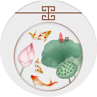中式瓷盘金鱼荷花图圆形装饰画