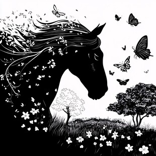 骏马与蝶的梦幻田园图景