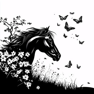骏马伴蝶花丛间剪影