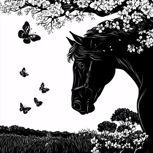 黑骏马与蝶在繁花下