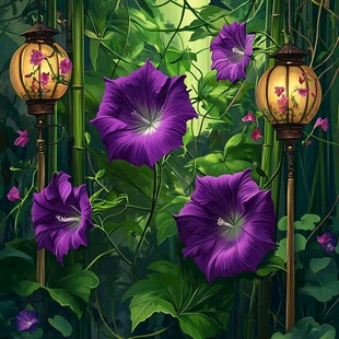 紫色牵牛花与中式灯笼景观