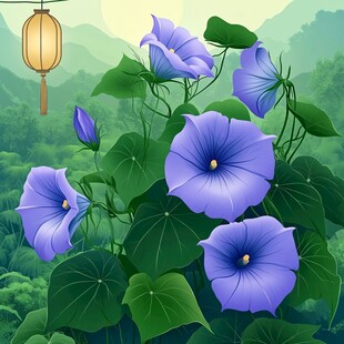山间蓝牵牛花与灯笼景致