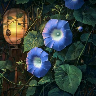 蓝牵牛花旁的中式灯笼夜景