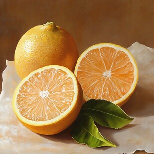 新鲜橙子切片带绿叶展示