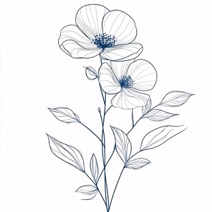 手绘蓝线花朵植物图案