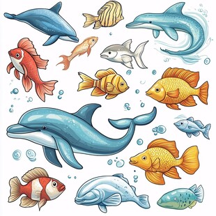 海洋鱼类与海豚可爱插画