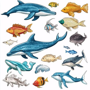 海洋鱼类与鲸类插画集合
