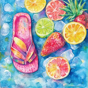 夏日水果与拖鞋的清凉组合