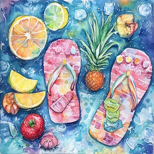 夏日清凉水果与拖鞋插画