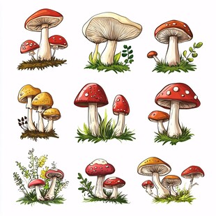 手绘多彩蘑菇插画集合