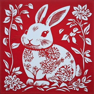 红底剪纸兔 花卉伴身旁