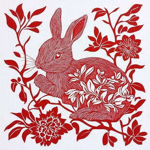 兔栖繁花间剪纸艺术图