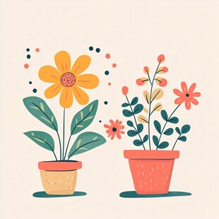 两盆可爱插画风格花卉盆栽
