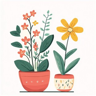 两盆花卉插画 清新可爱风