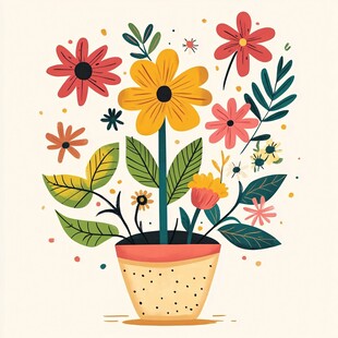 插画风盆栽花卉图案设计
