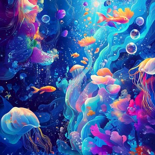 梦幻海底世界绚丽水母鱼群