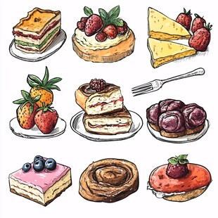 手绘美味多样的精致甜点
