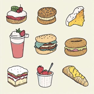 手绘美味甜品与餐食集合