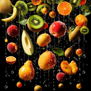 缤纷水果空中飞溅的瞬间