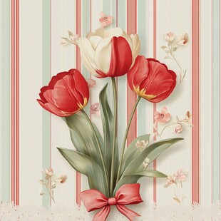复古风条纹背景的郁金香