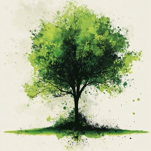 水彩风格的翠绿单棵树木