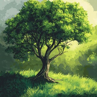 独树屹立于葱郁绿野间