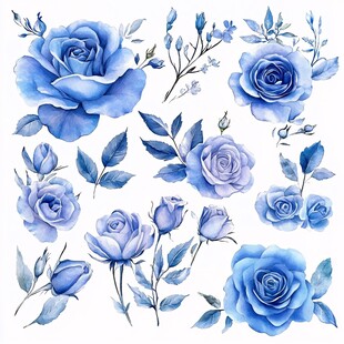 蓝色水彩玫瑰花卉素材