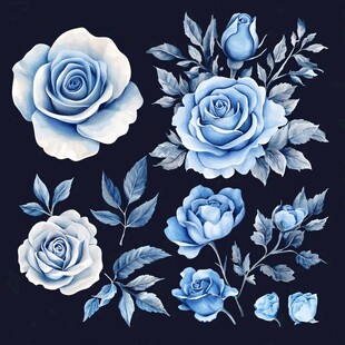 蓝调玫瑰花卉插画素材