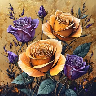 紫黄玫瑰与薰衣草花卉图