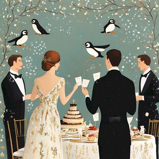 婚礼场景中的企鹅与宾客