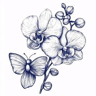 手绘兰花与蝴蝶花卉图案