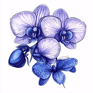 蓝紫色兰花与蝴蝶插画