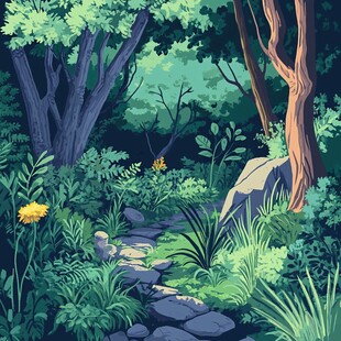 幽静森林中的石径与花草