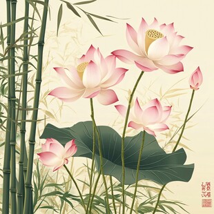 荷韵竹风 中式雅致花卉图
