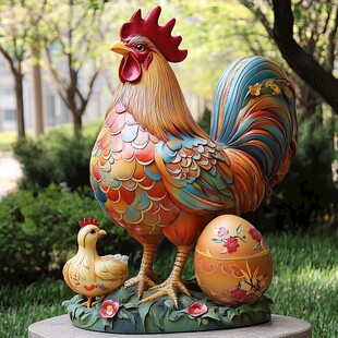 多彩公鸡雕塑与小鸡彩蛋