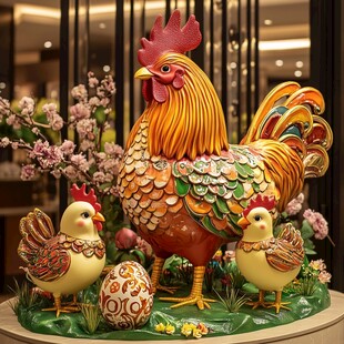 多彩公鸡雕塑与小鸡摆件