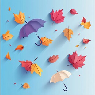 秋日雨伞与飘落枫叶图景