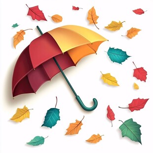 秋日彩伞与纷飞落叶